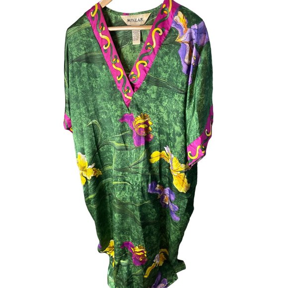 Winlar Green Tropical Floral V Neck Flowing Floor Length Kaftan One Size - Picture 3 of 10